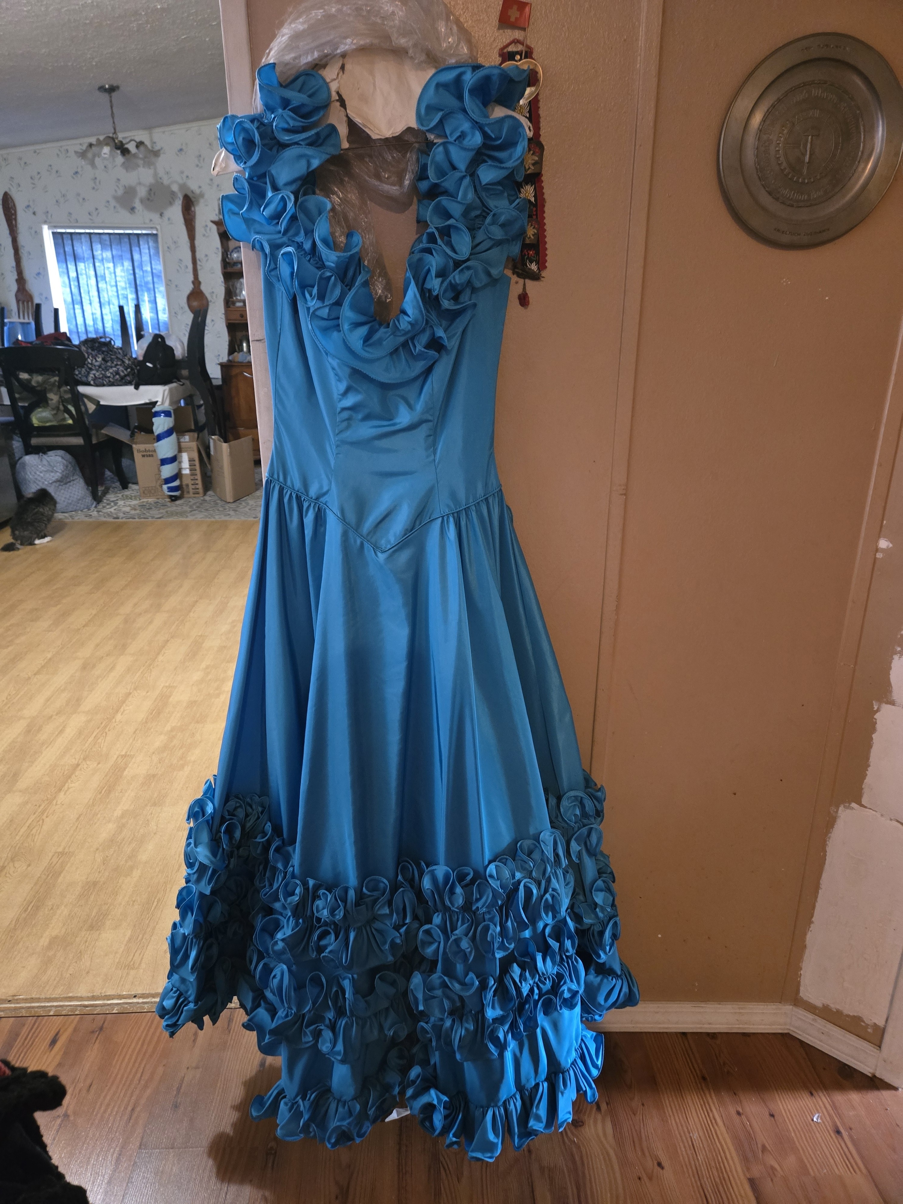 Teal Ruffle Halter Prom Dress